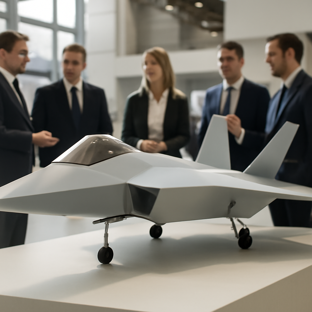 Futuristic fighter aircraft model on display with industry representatives discussing around it.
