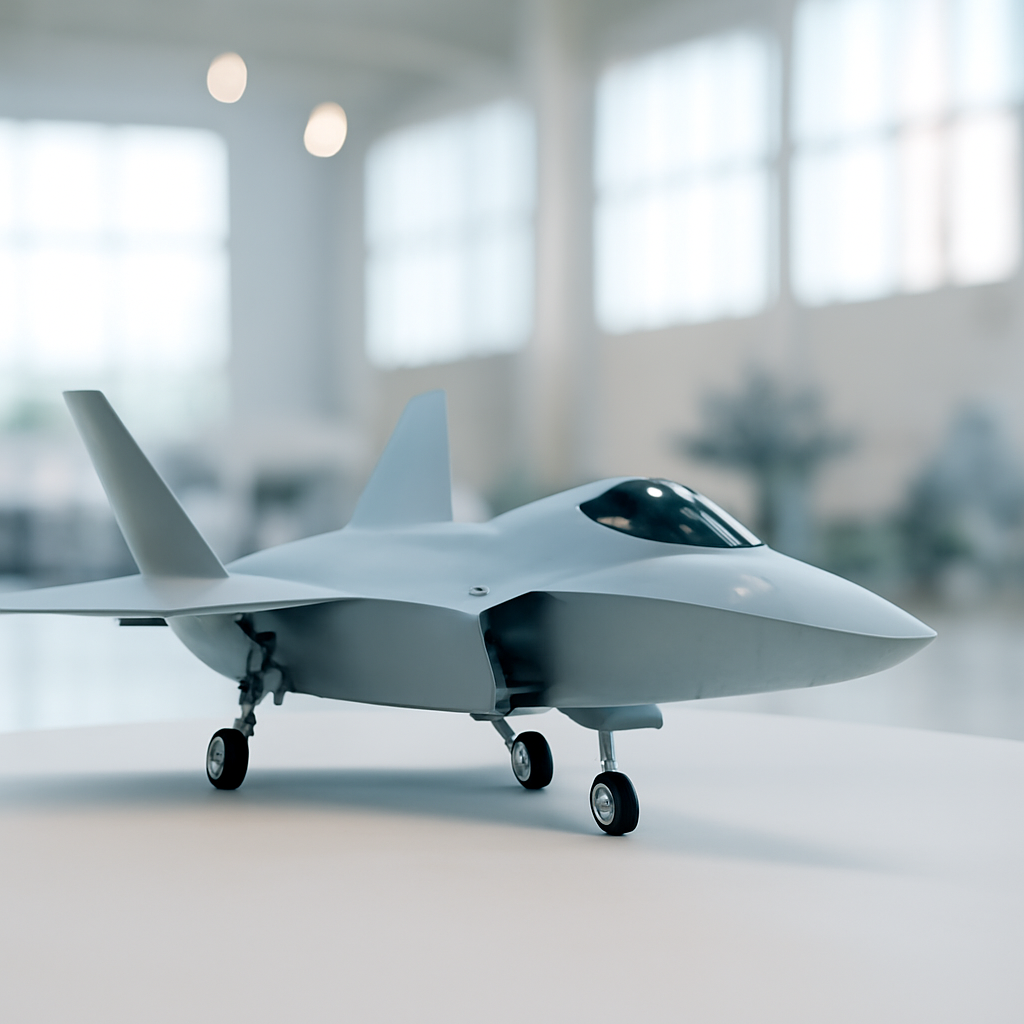 Futuristic fighter jet model on display in a large industrial space.