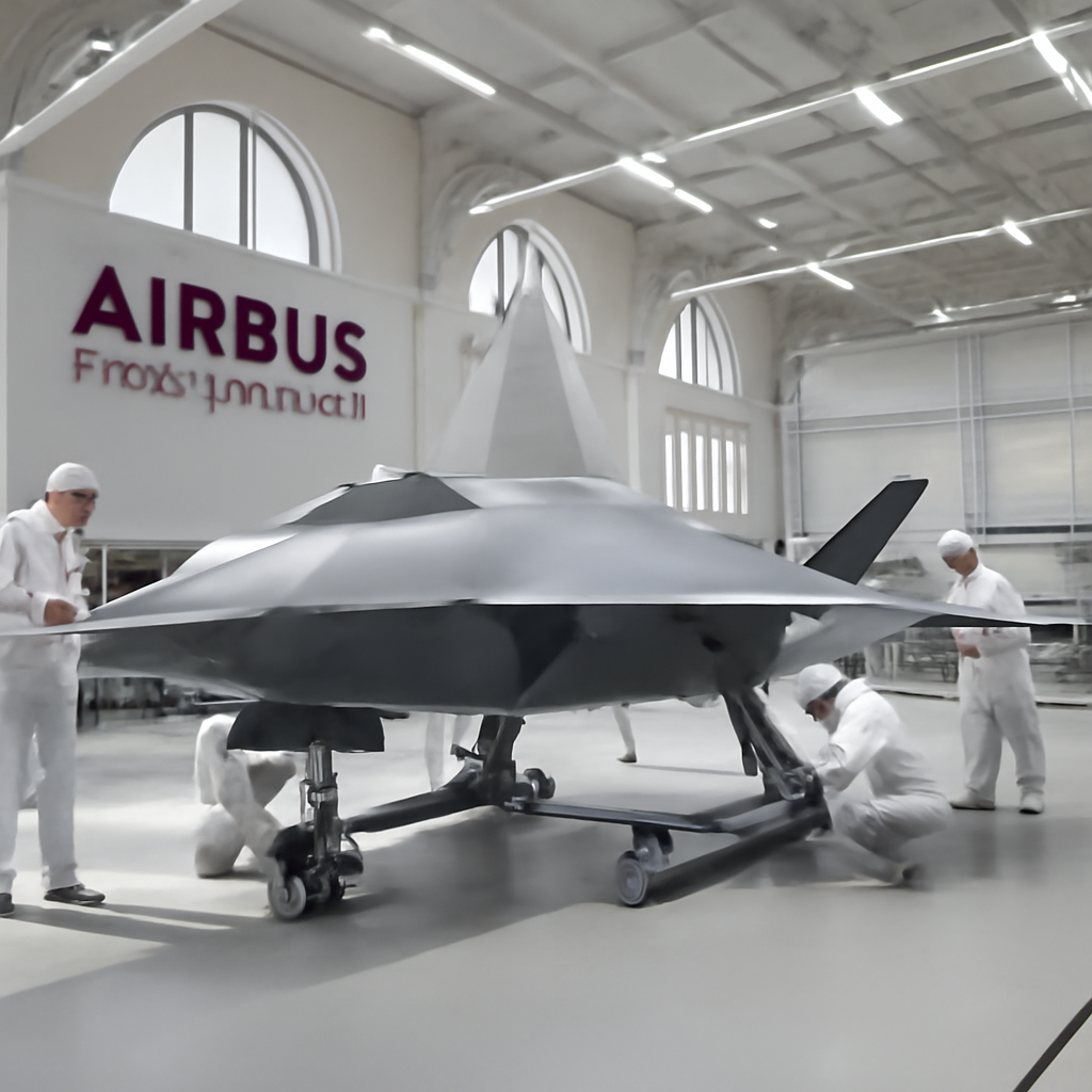 Futuristic combat drone on display at Airbus Defence facility with technicians nearby.