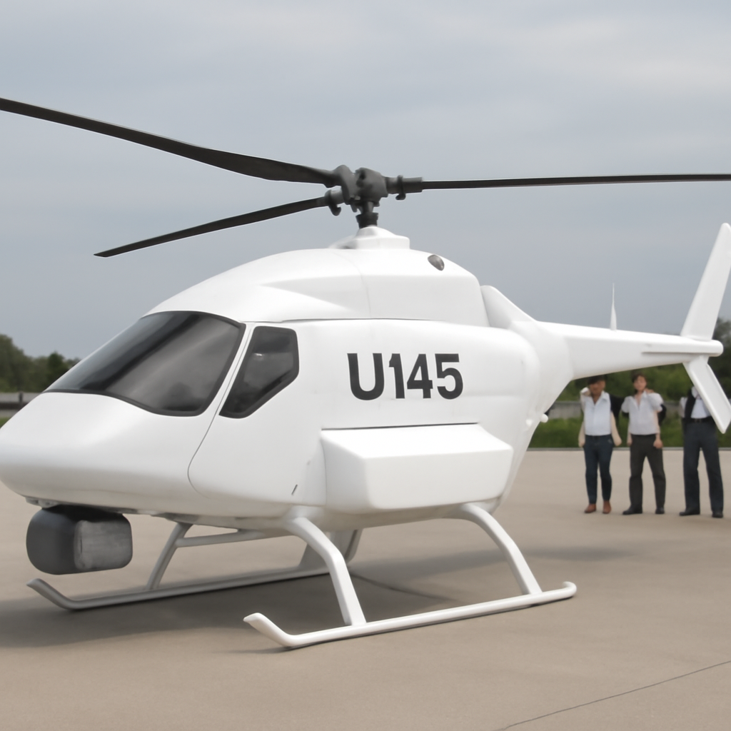 Full-scale mock-up of autonomous cargo helicopter on outdoor display area with people nearby.