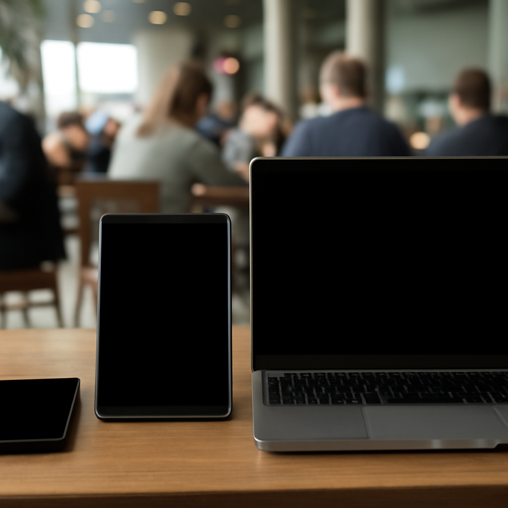 Devices with blank screens sit on a table in a public area, surrounded by people in the background.
