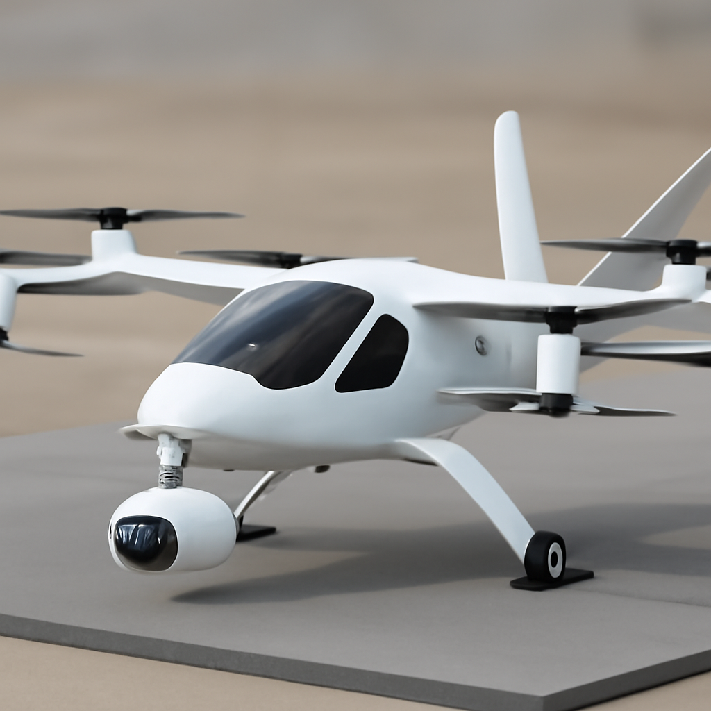Sleek hybrid-electric VTOL aircraft on exhibition stand with blurred background.