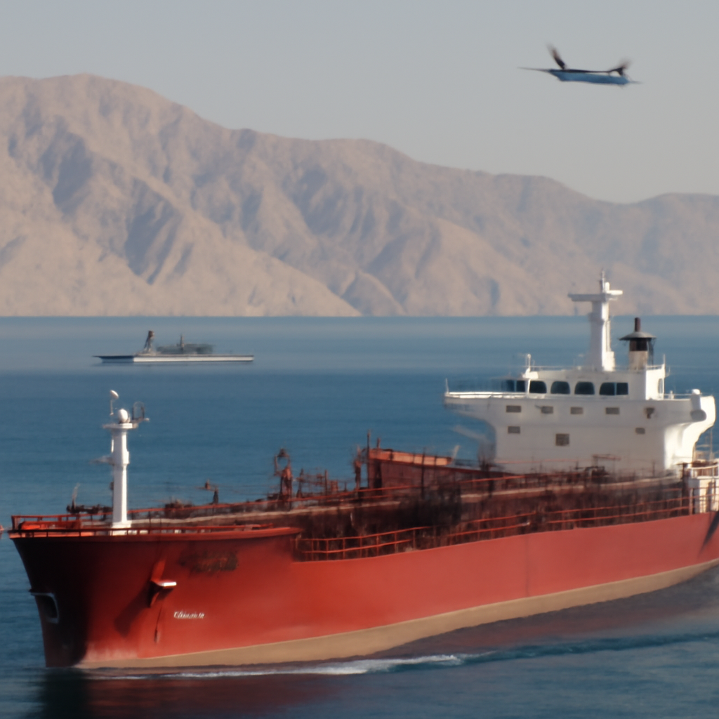 Commercial ship transits Strait of Hormuz with Iranian military presence in distance.
