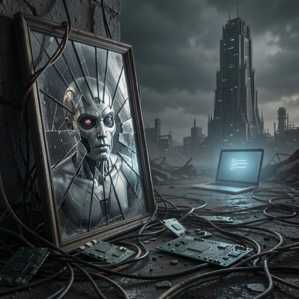 Dark, ominous scene with shattered mirror reflecting distorted robotic face, surrounded by tangled wires and circuit boards.