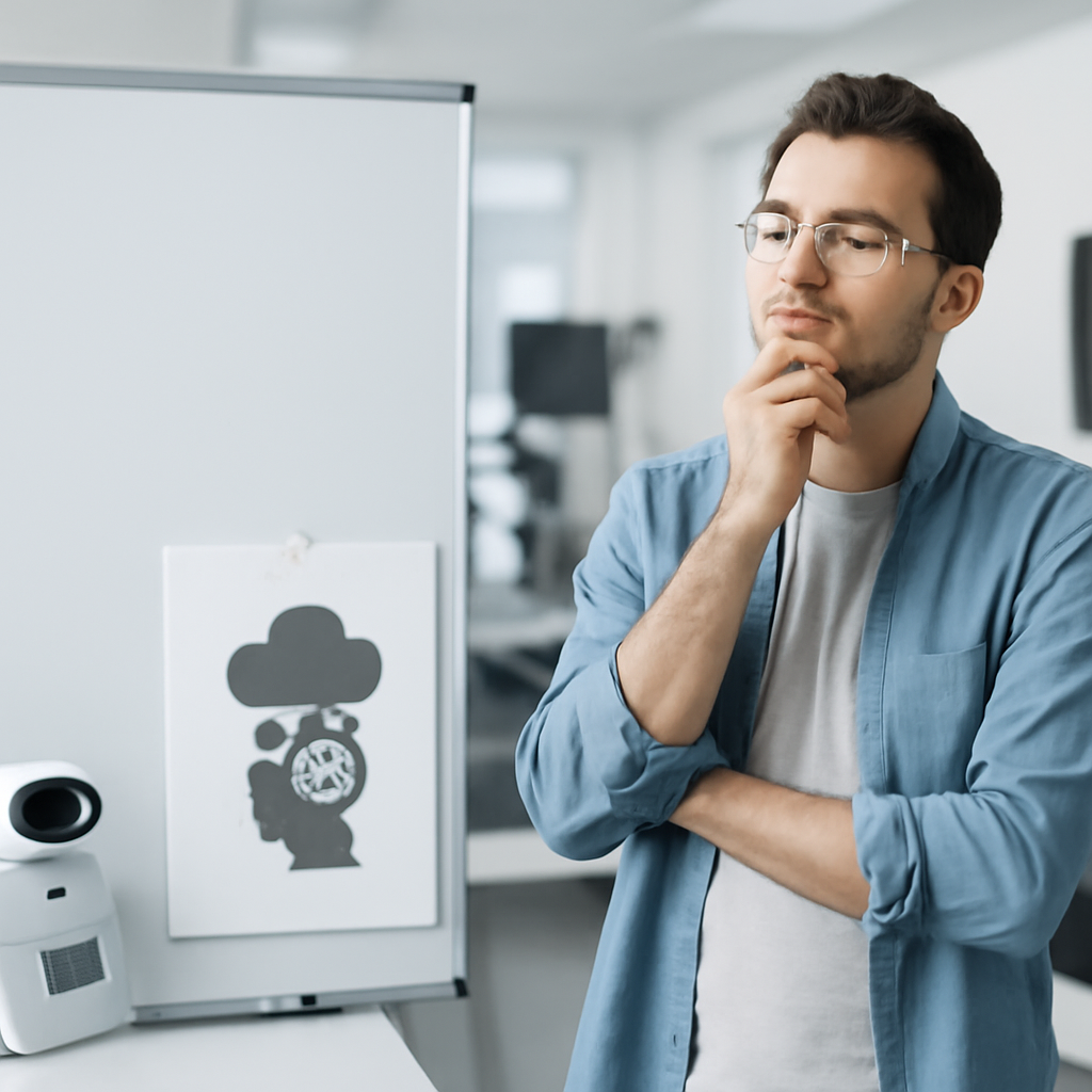 Researcher stands in lab with equipment and a blank whiteboard.