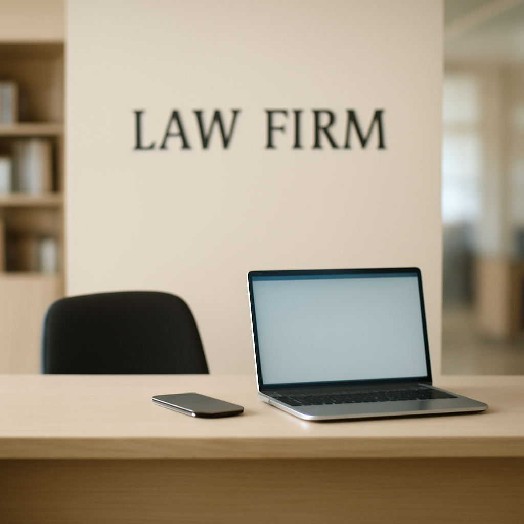 Modern law firm reception area with laptop and smartphone on desk.