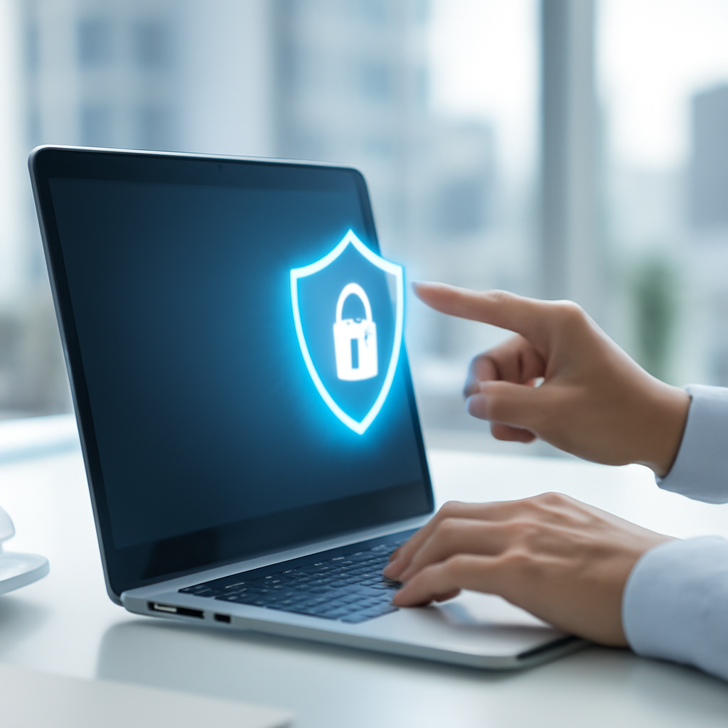Person working on laptop in modern office setting, conveying security and technology.