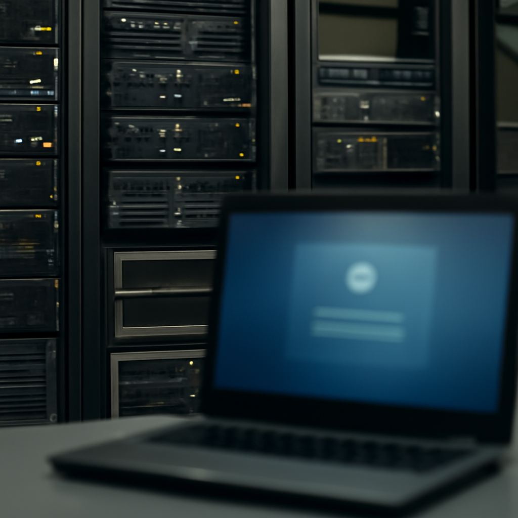 Network server room with out-of-focus laptop in foreground.