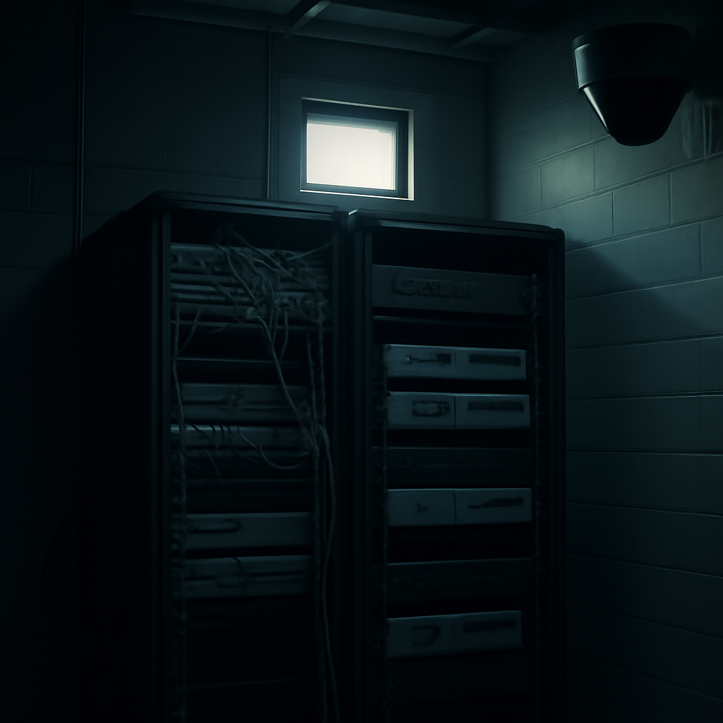 Dimly lit server room with computer equipment and a security camera.