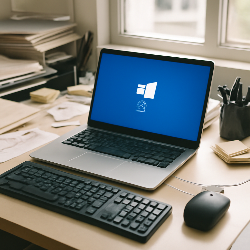 Cluttered office desk with laptop showing Windows login or blue screen, surrounded by papers and supplies near a window.