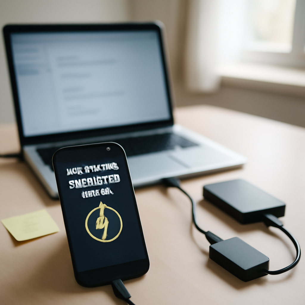 Self-hosted Lightning wallet setup on a home office desk with laptop, smartphone, and external hard drive.
