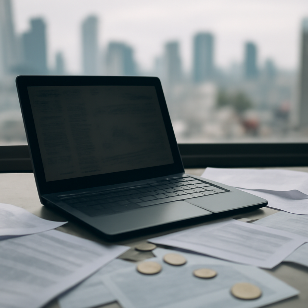 Dark laptop on a cluttered surface with scattered papers and coins, cityscape visible through a large window in the…