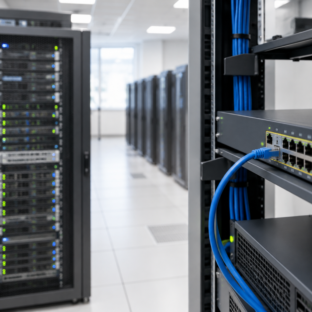 Server room interior with rows of rack-mounted servers and networking equipment.