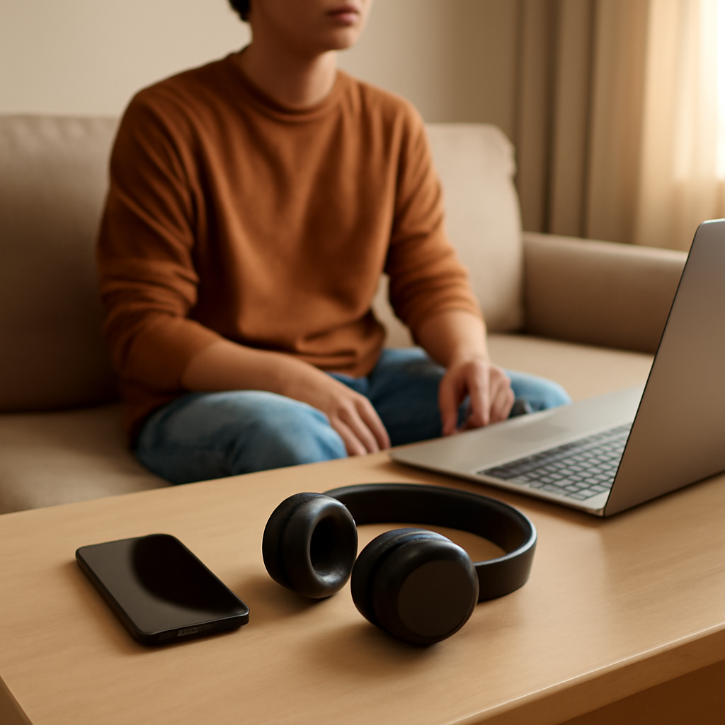 Person sitting in living room with devices and headphones nearby.