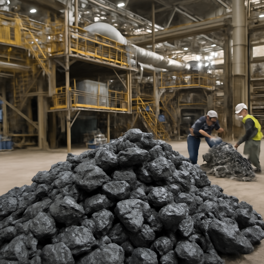 Industrial facility with machinery and workers handling raw minerals.