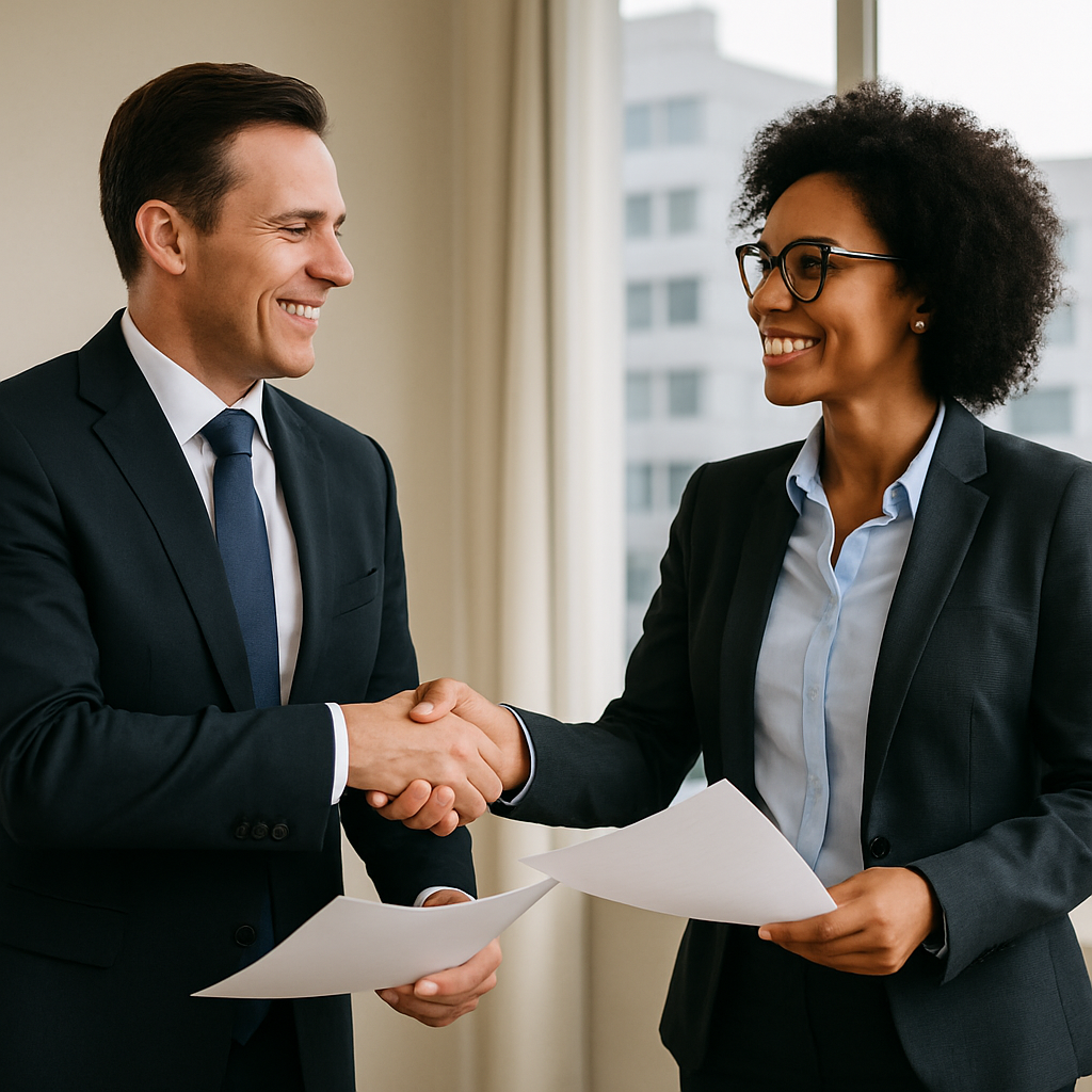 Business professionals shaking hands in a conference room with a cityscape in the background.