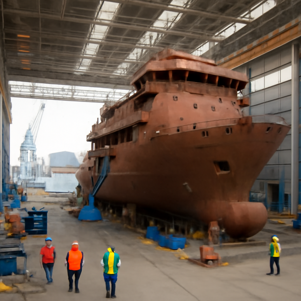 Busy shipyard with partially built ship, dock, and industrial buildings under ambient daylight.