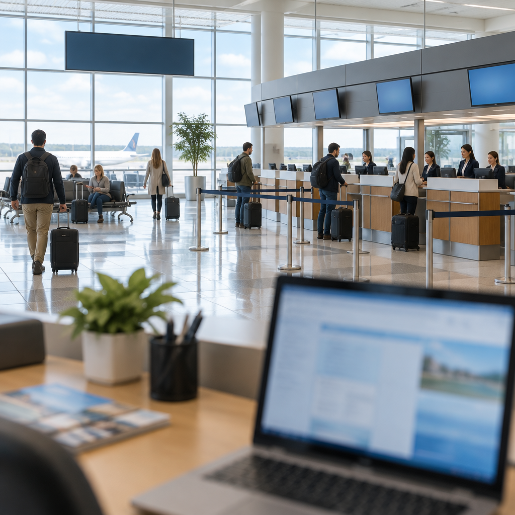 Airport terminal scene with check-in counter, scattered passengers, and blurred laptop screen on travel agent's desk.