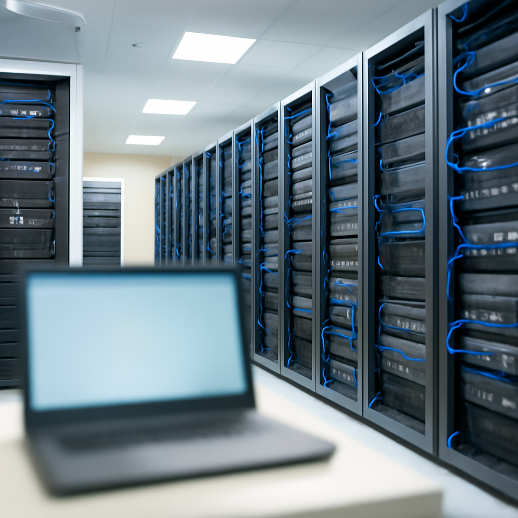 Rows of computer servers and networking equipment in a brightly-lit server room with a single out-of-focus device in the…