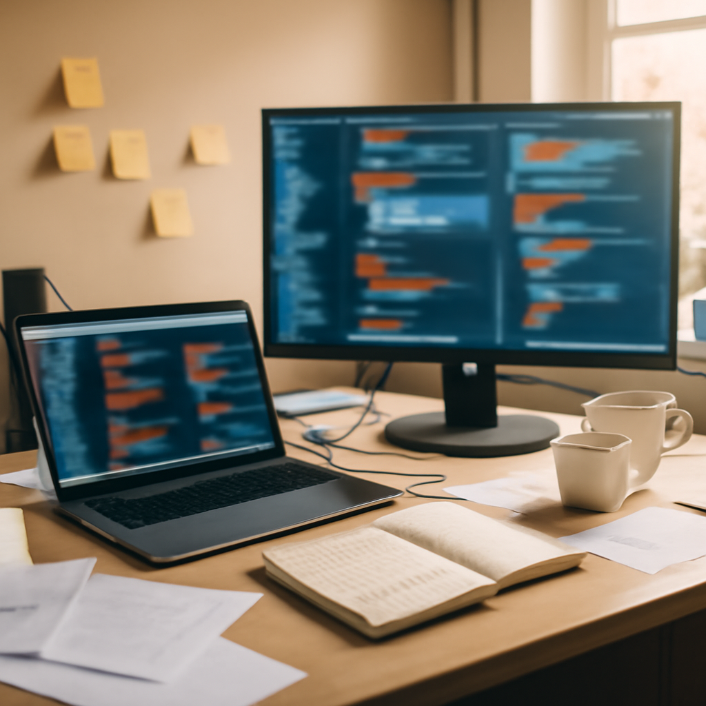 Cluttered developer workstation with laptop, monitor, and coding screens.