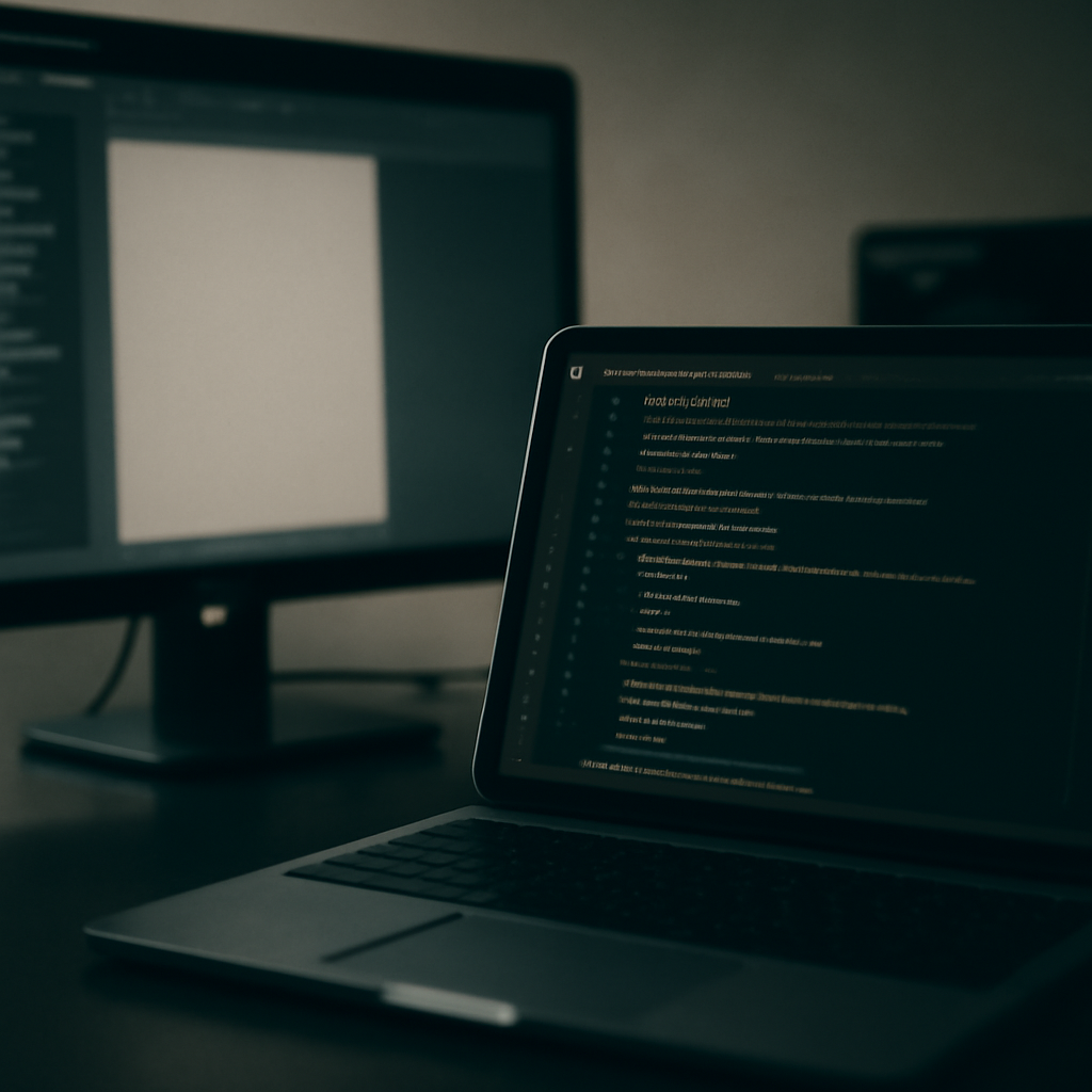 Developer workstation with IDE open, laptop screen showing code, and terminal in background.