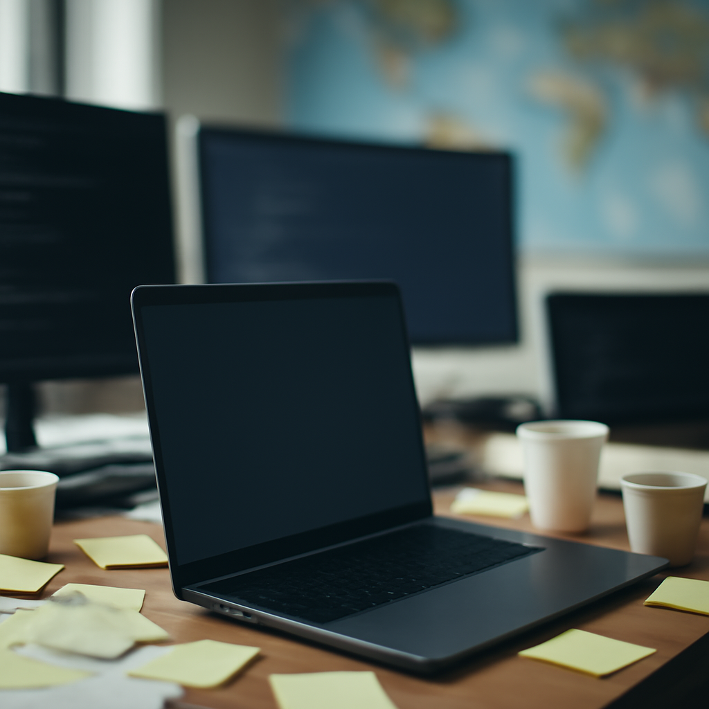 Cluttered coding workspace with laptop, notes, and coffee cups, with a blurred world map in the background.