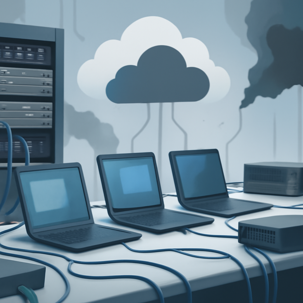 Server racks and interconnected devices in a brightly-lit data center environment.