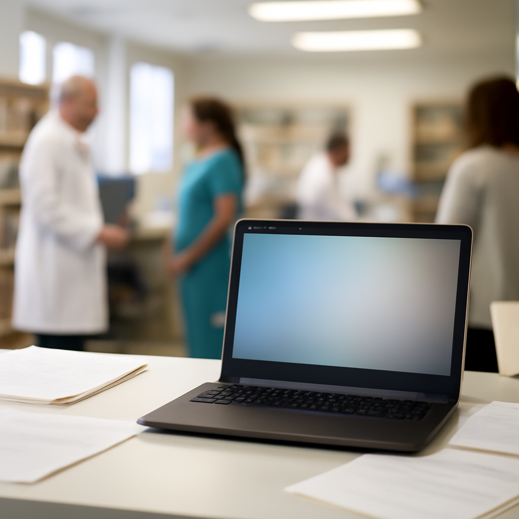 Medical office setting with scattered records and equipment, laptop on desk in foreground.