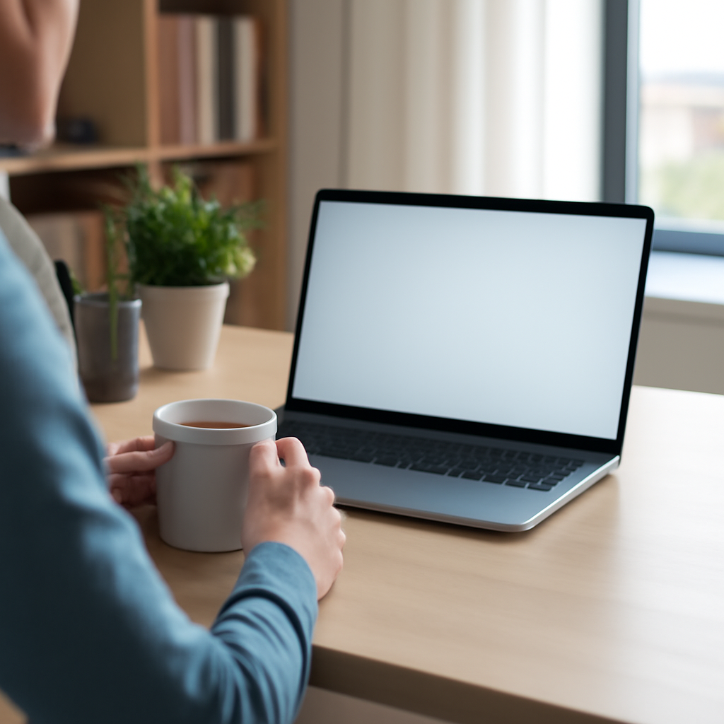 Person sits at desk with open laptop displaying empty, blurred screen.