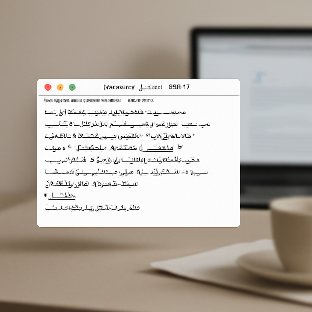 macOS Terminal window with abstract commands on a desk with a laptop in the background.