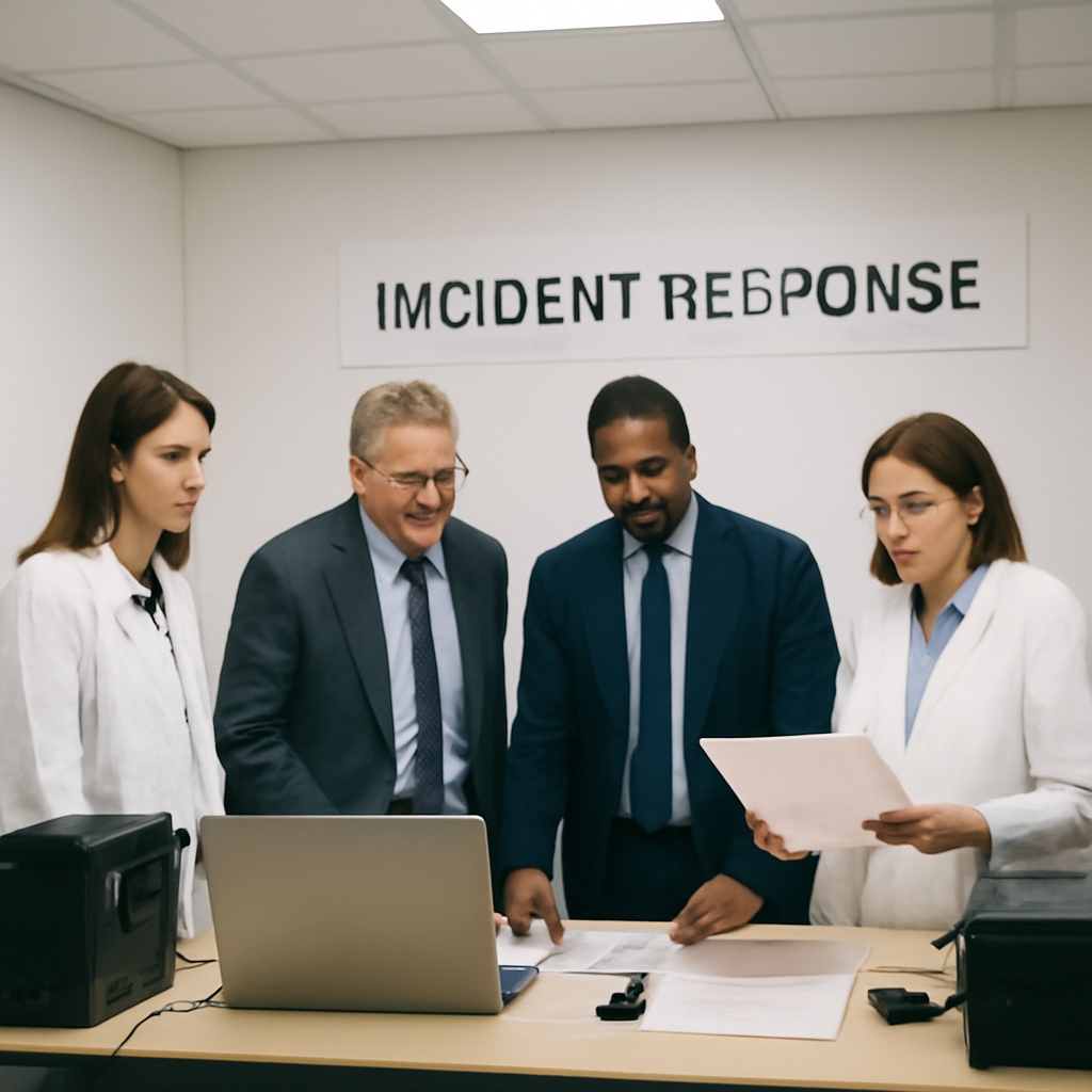 People in business attire and lab coats gather around a table with computer equipment and papers in a secure facility's…