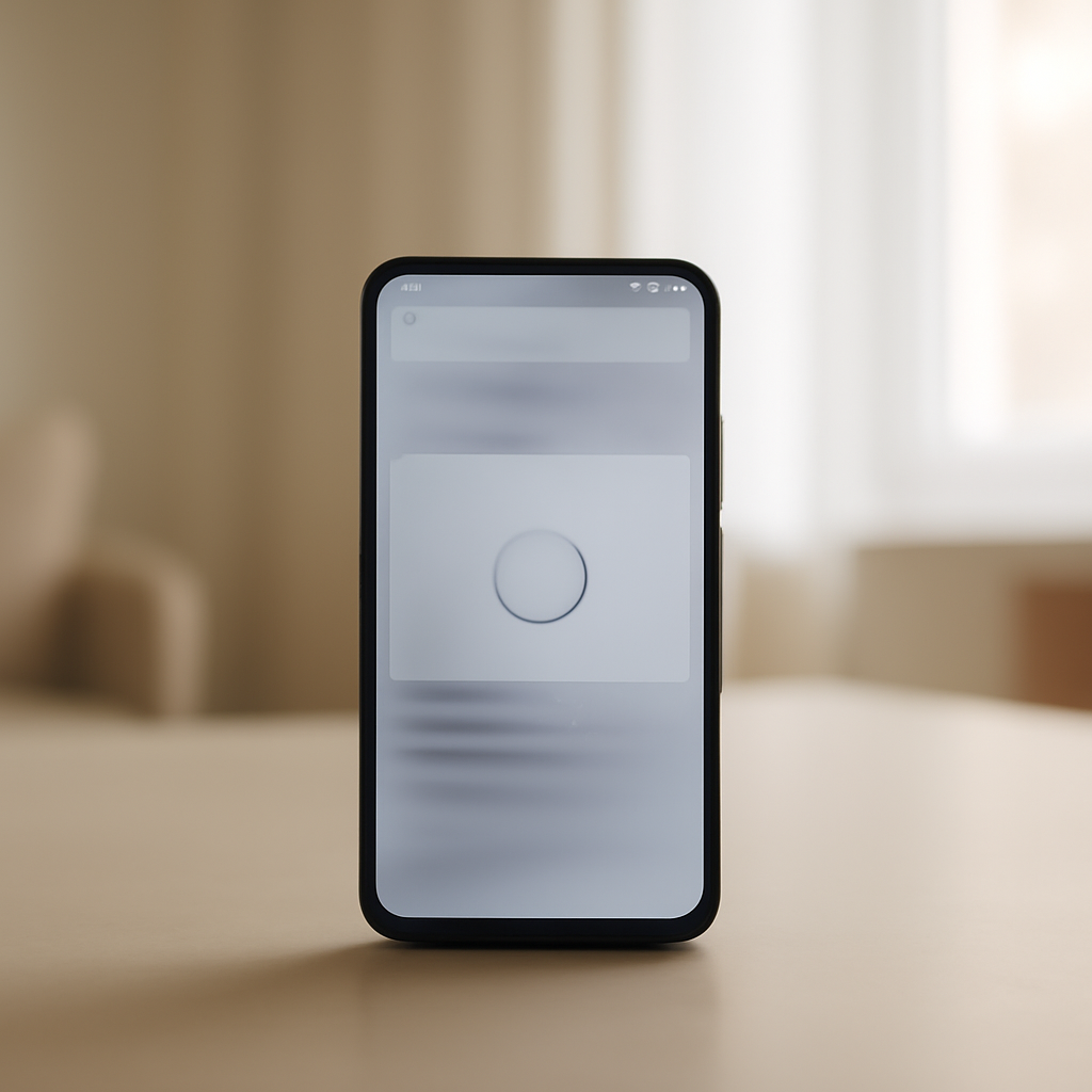 Smartphone on a table with screen on, showing a blurred webpage in a minimalist room with soft daylight.