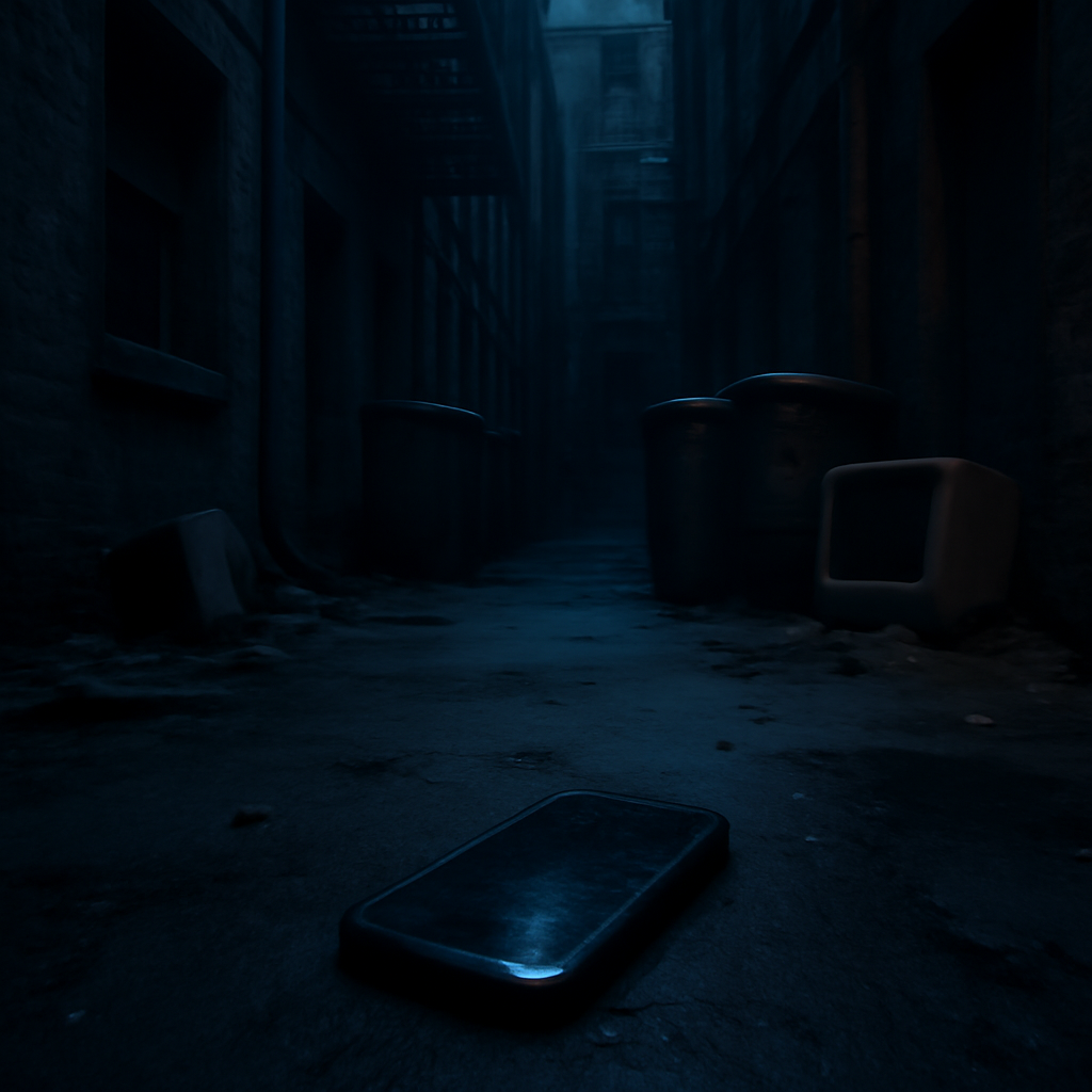 A discarded smartphone lies cracked and dark on the ground in a dimly lit, neglected urban alleyway.