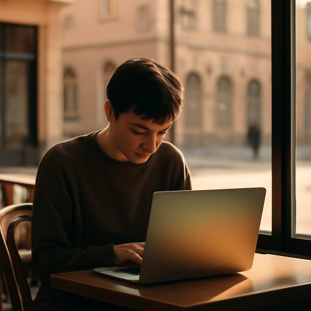 Person sits at laptop in European café, face downcast, with blurred cityscape and bank storefront in background.
