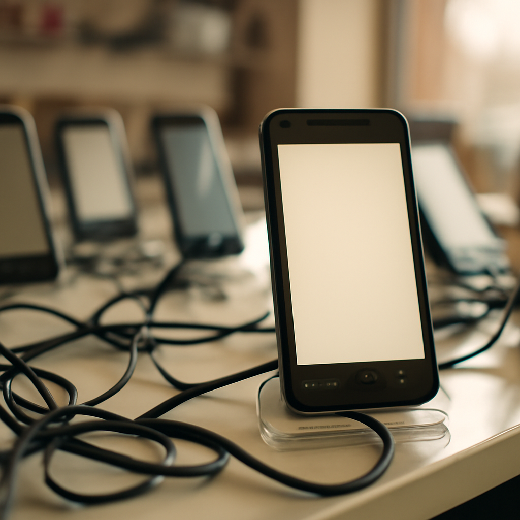 Low-cost Android smartphone on cluttered store shelf with blank screen.