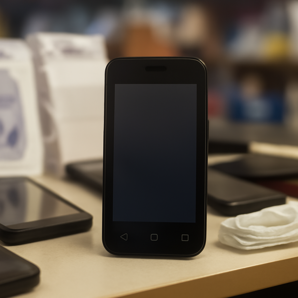 Low-cost Android smartphone sits on cluttered electronics store shelf with other phones and packaging materials.