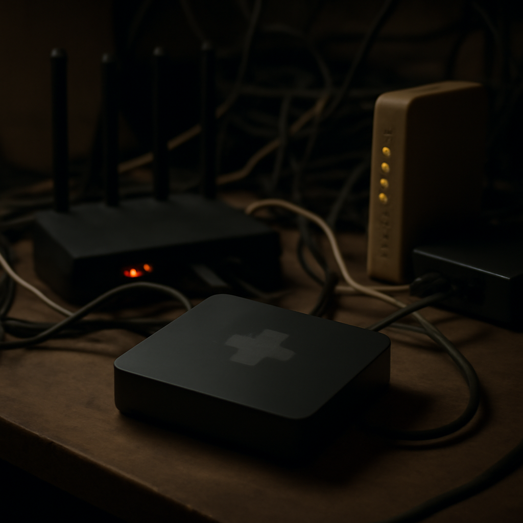 Cluttered electronics room with Android TV box at center, surrounded by router, modem, and cables in dim, ambient light.