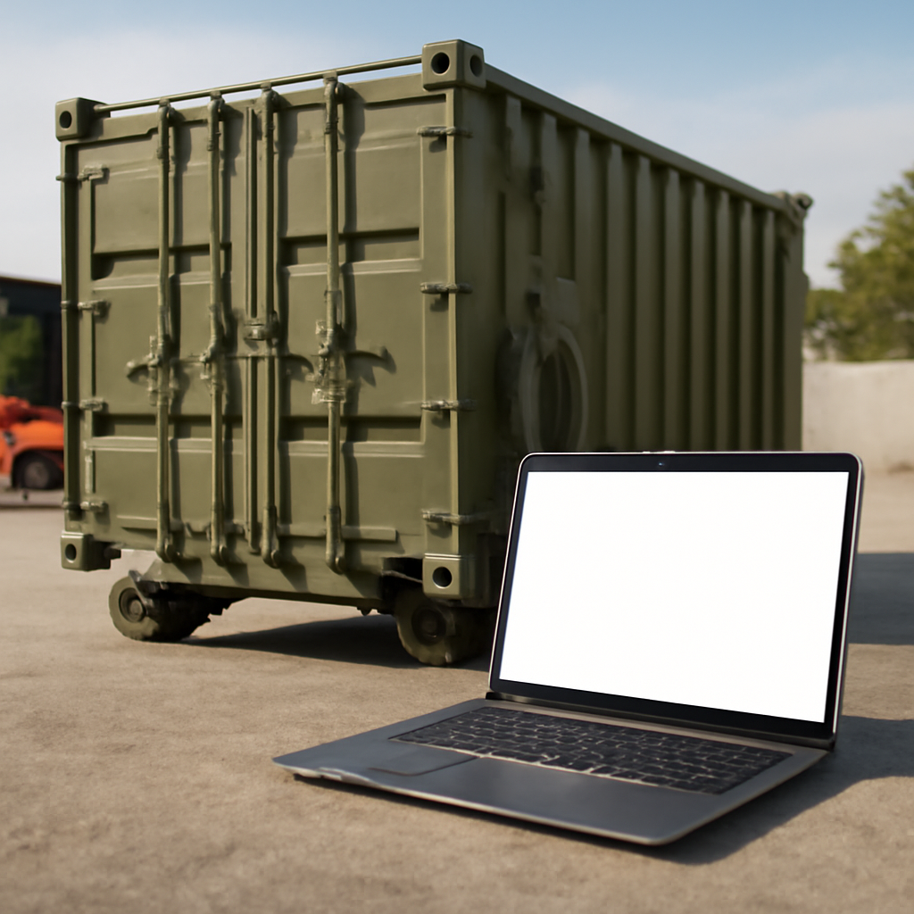 Ruggedized shipping container with laptop in foreground and forklift in background.