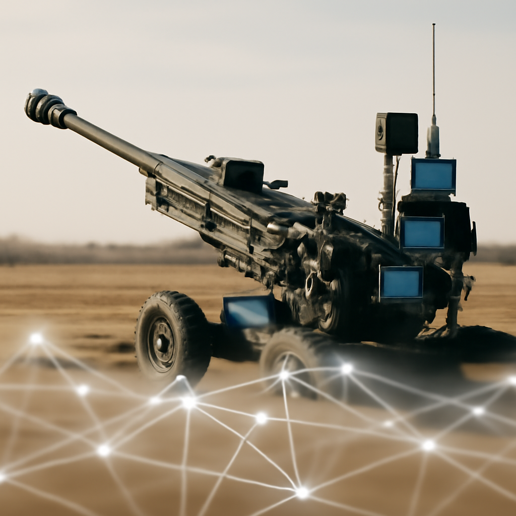 Military howitzer artillery system in a neutral outdoor setting with various components.