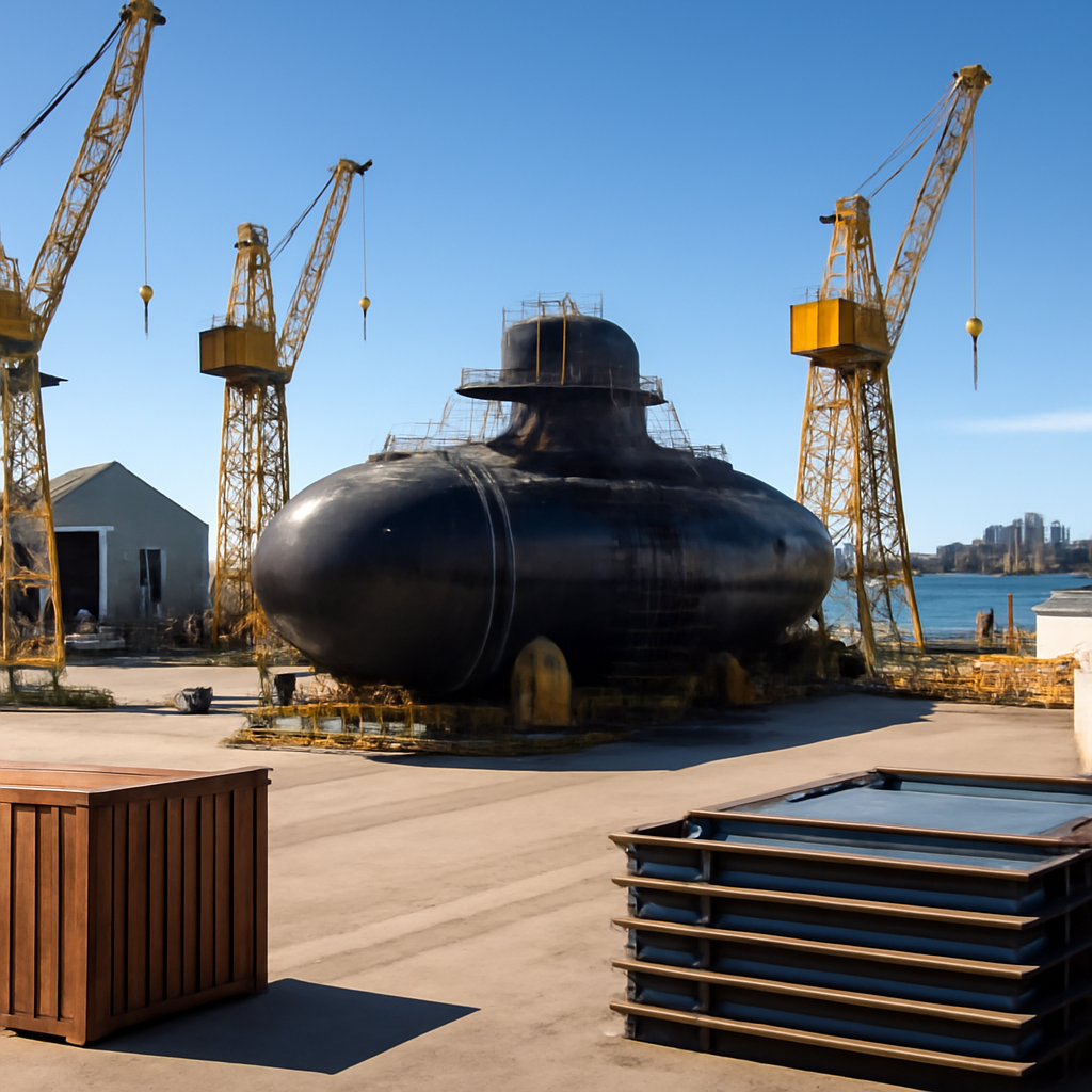 Industrial waterfront area with partially built submarine, cranes, and construction equipment.