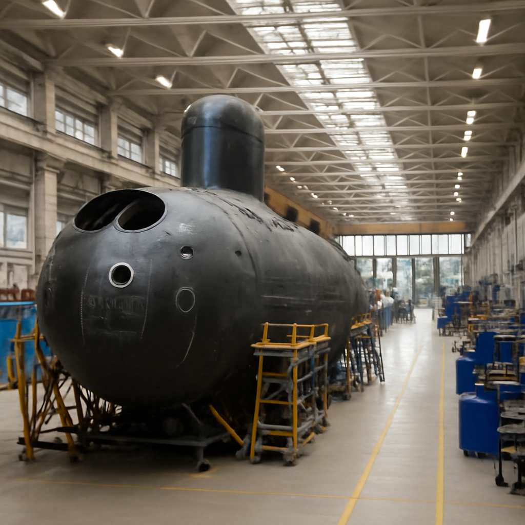 Large industrial facility interior with submarine component and rows of workstations.