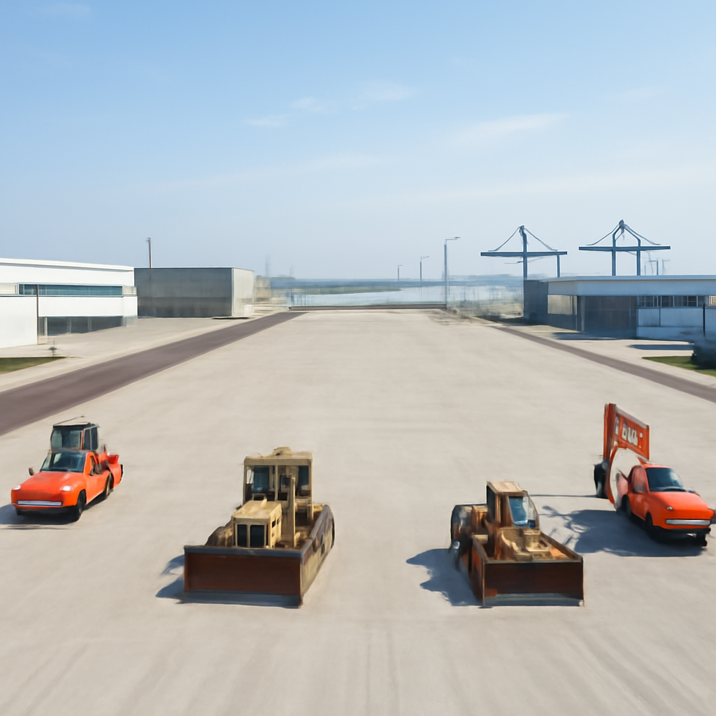 Large industrial yard with construction vehicles and waterfront in background.