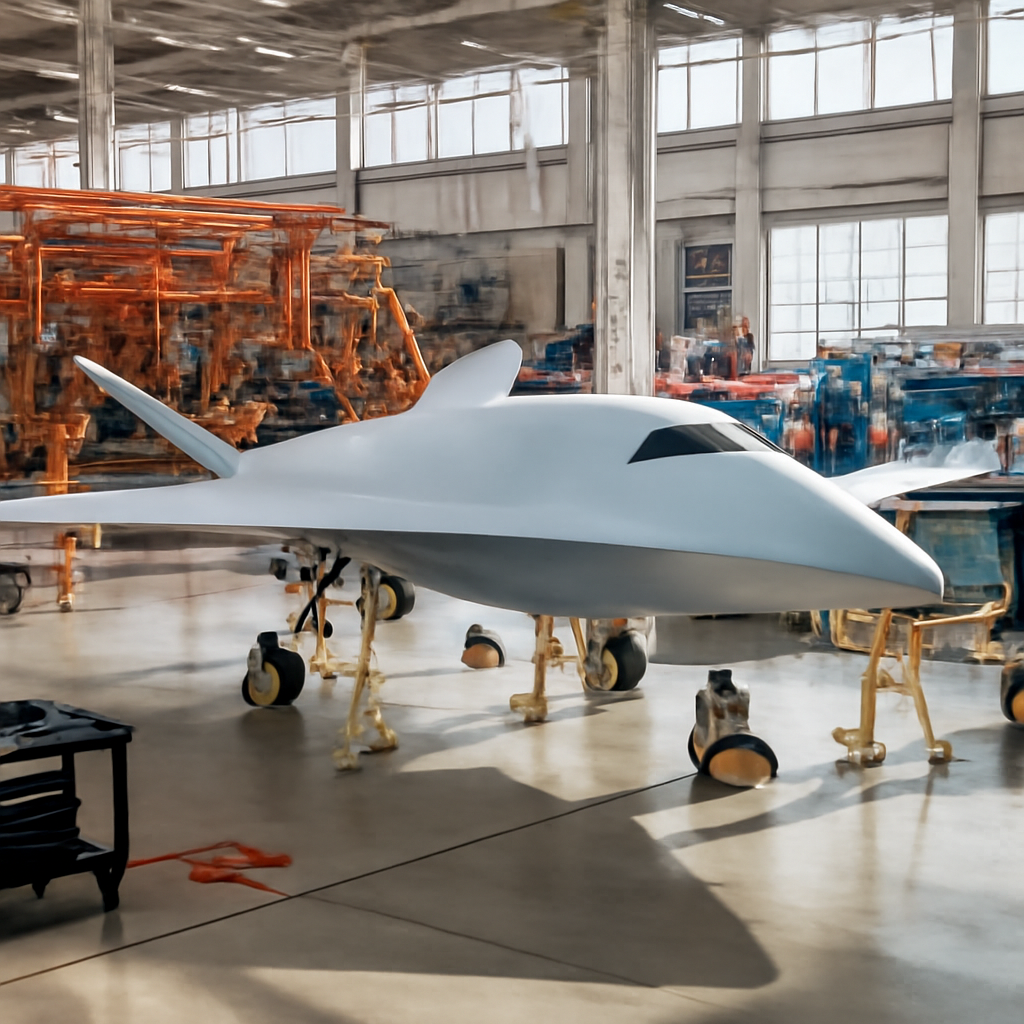 Completed FQ-44A Fury aircraft on a stand surrounded by production equipment and workers in a large manufacturing facility.