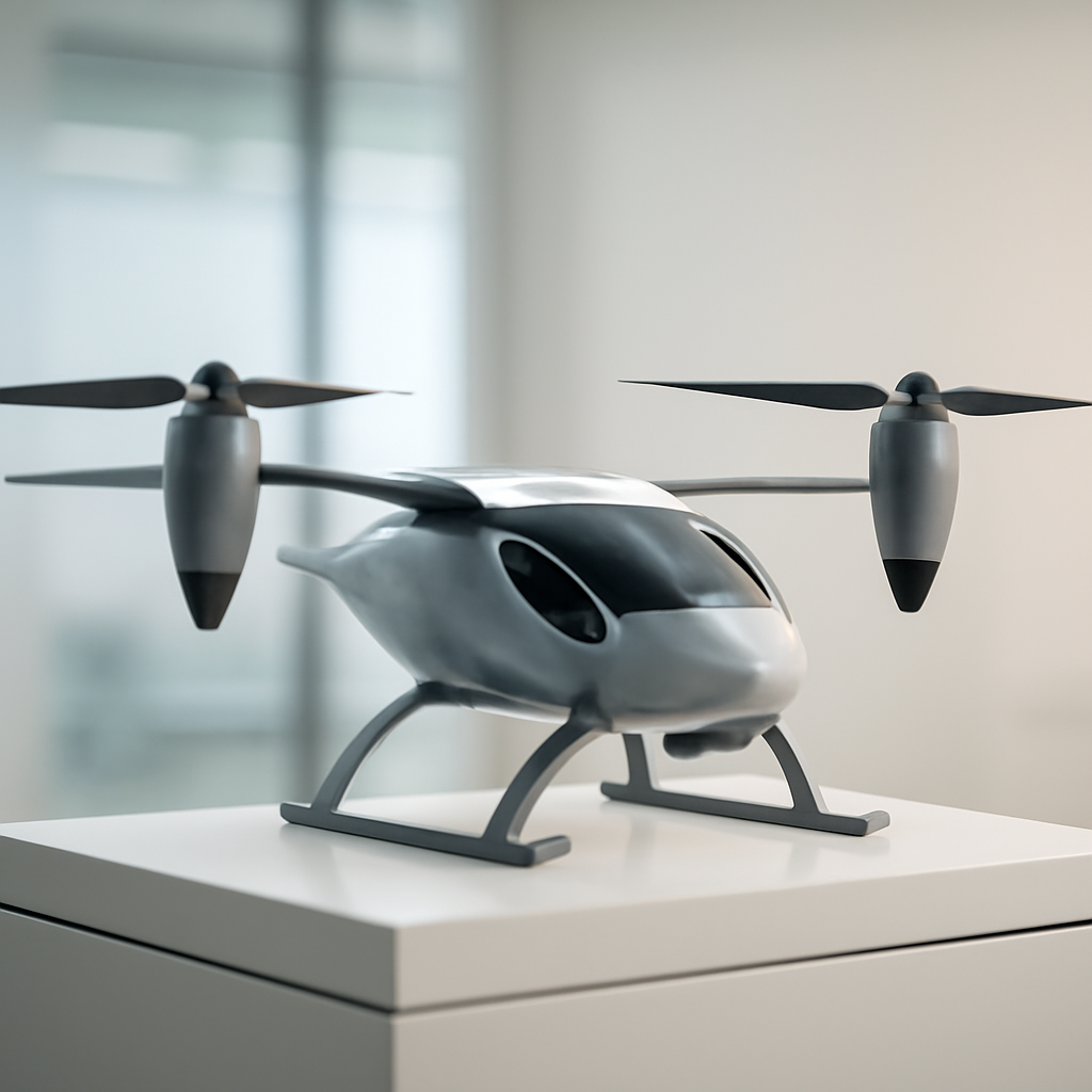 Futuristic autonomous tiltrotor drone on pedestal with minimalist backdrop.