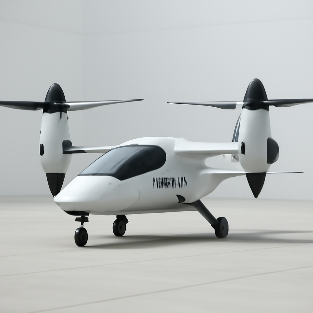 Futuristic autonomous tiltrotor aircraft centered on a neutral testing range.
