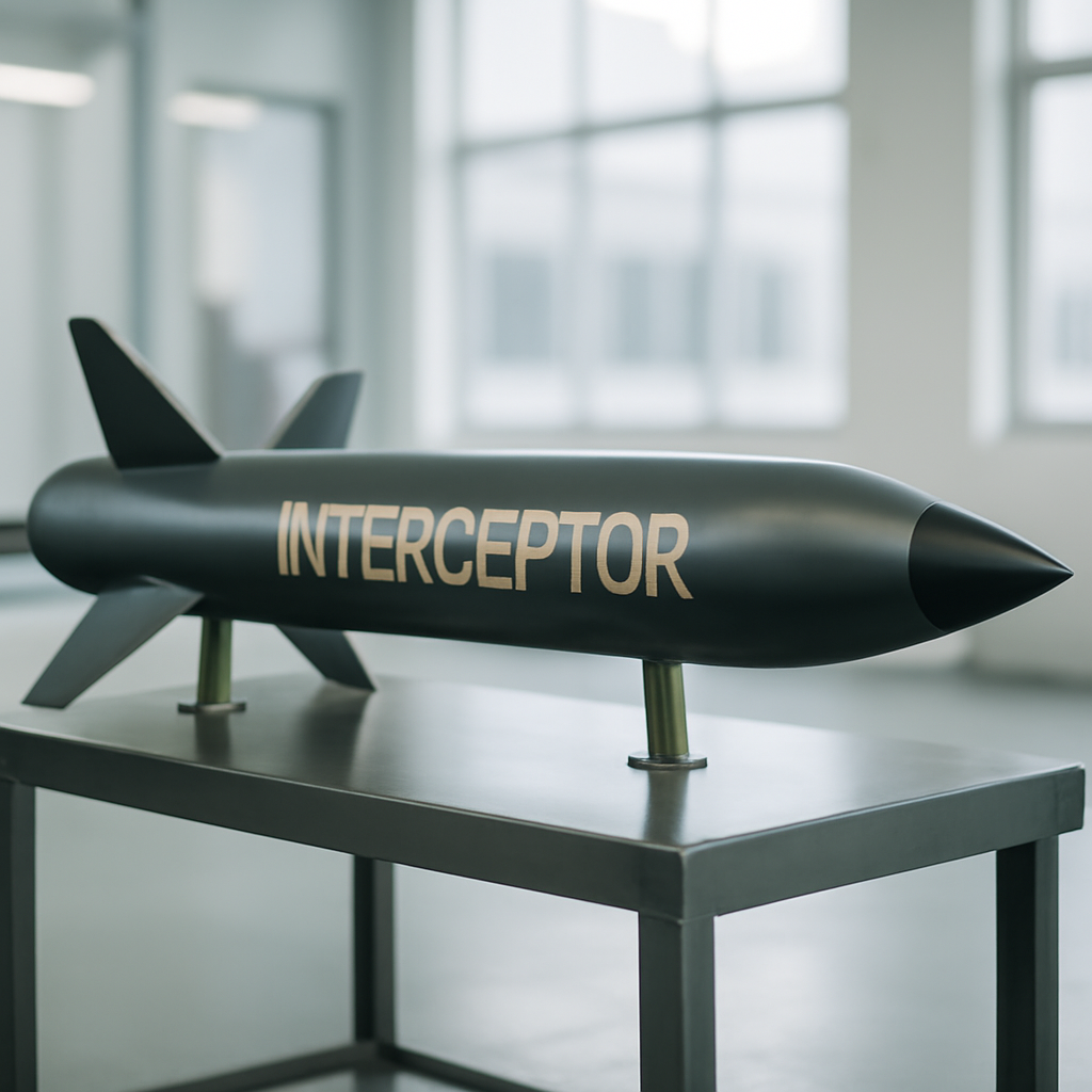 Modern interceptor missile on industrial pedestal in clean-room setting.