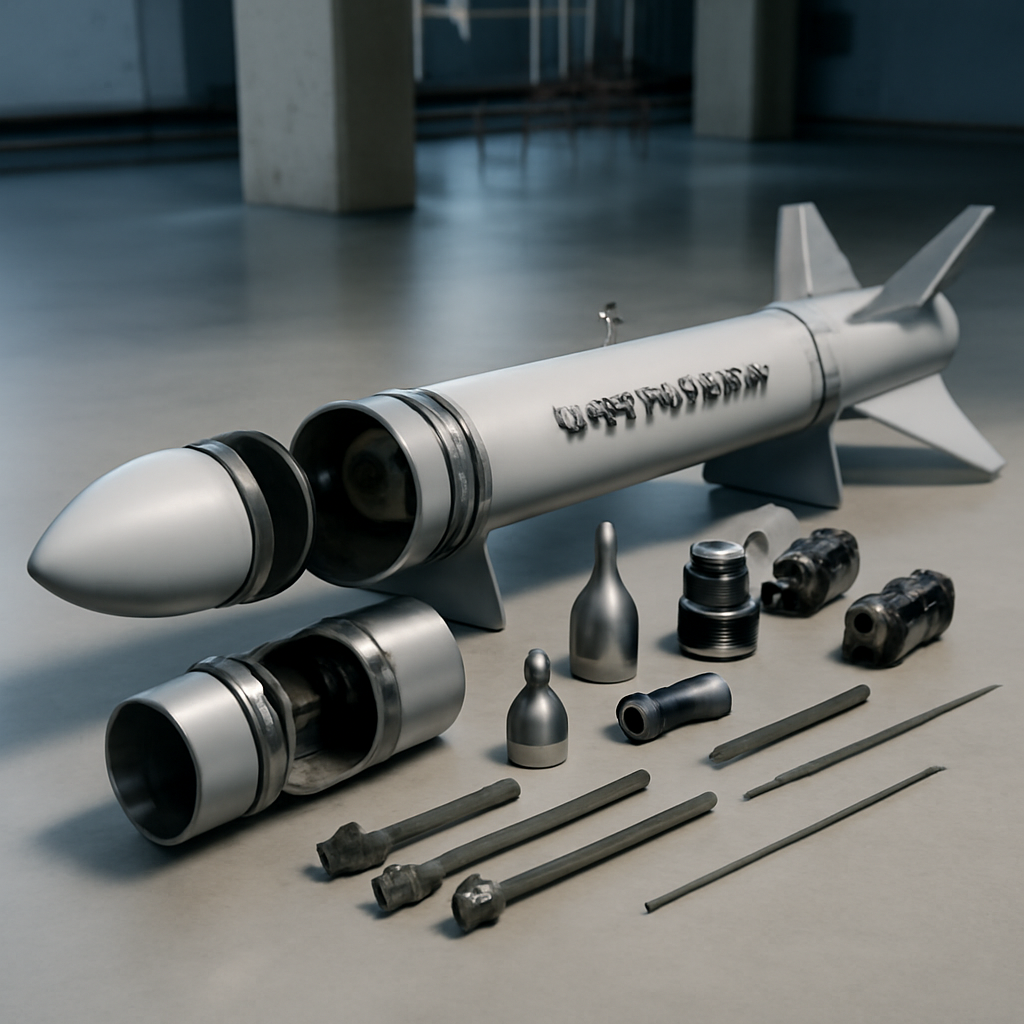 Modular surface-to-air missile components laid out on a clean surface, partially disassembled.