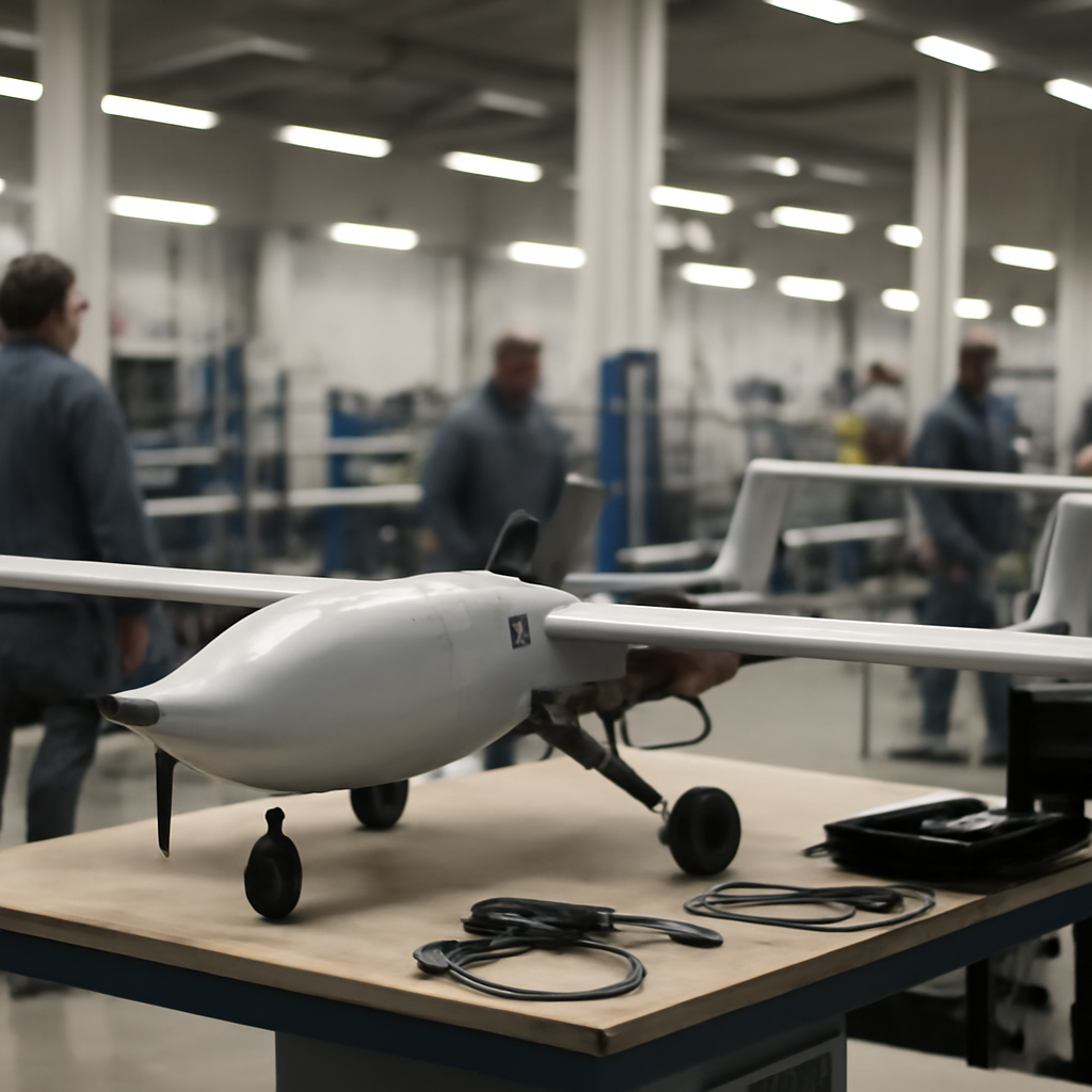 Partially assembled drone components sit on a workbench in a production facility with industrial staff in the background.