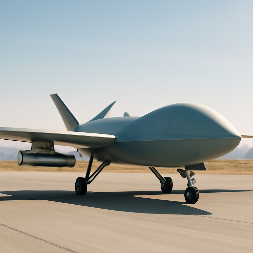 Drone on a runway with a missile launcher under its wing in a desert landscape.