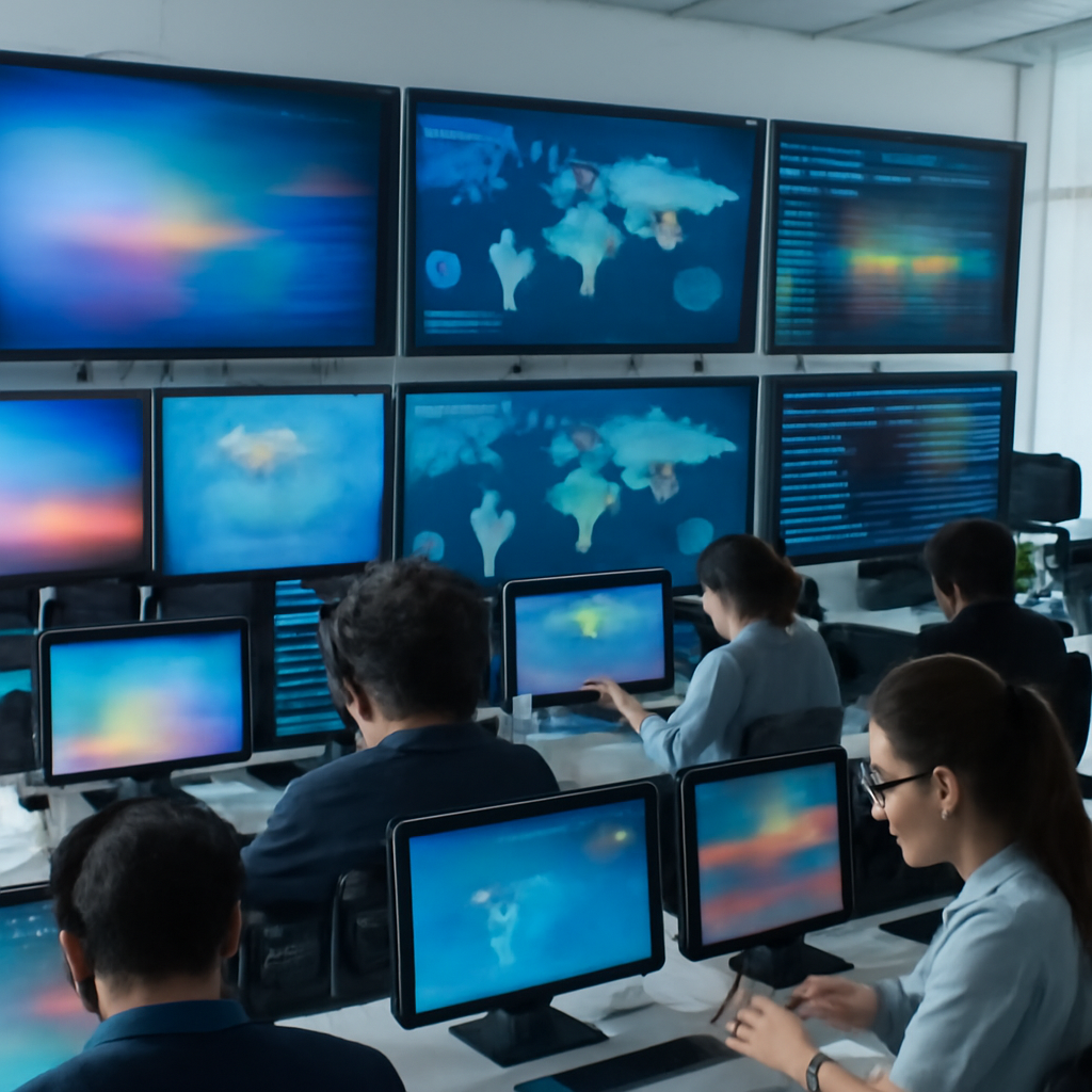 Security analysts work at desks surrounded by screens displaying data feeds and threat intelligence information.